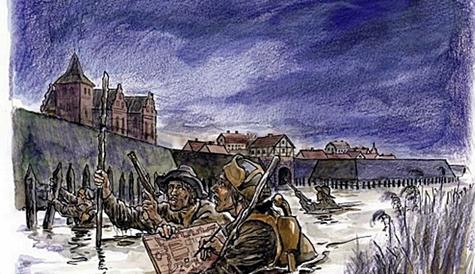 Erik Dahlberg rekogneserar vallgravarna utanför fästningen. 1677.jpg